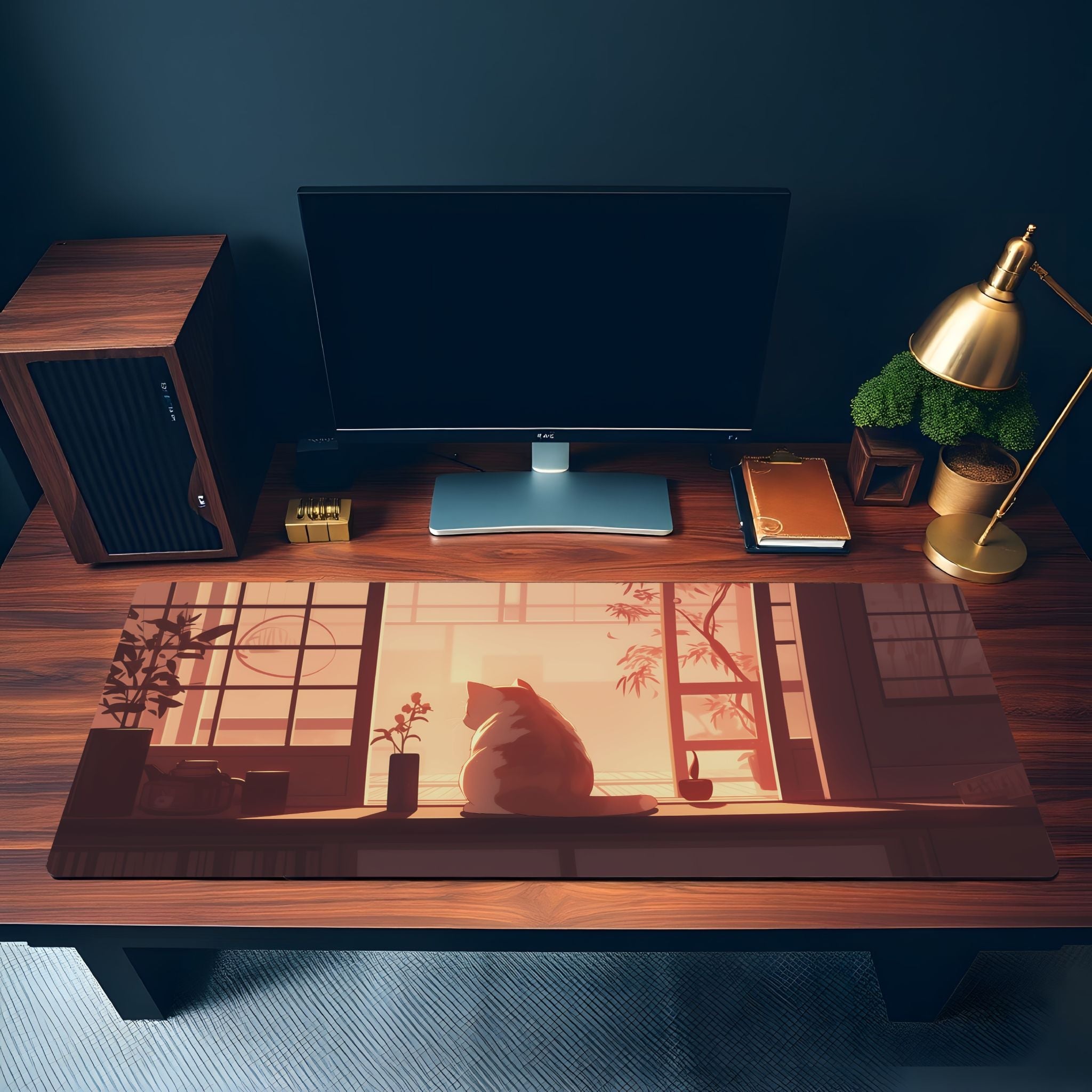 Zen Cat Sunset Desk Mat | Large Minimalist Mouse Pad for Peaceful Workspace | Japanese-Inspired Office Decor