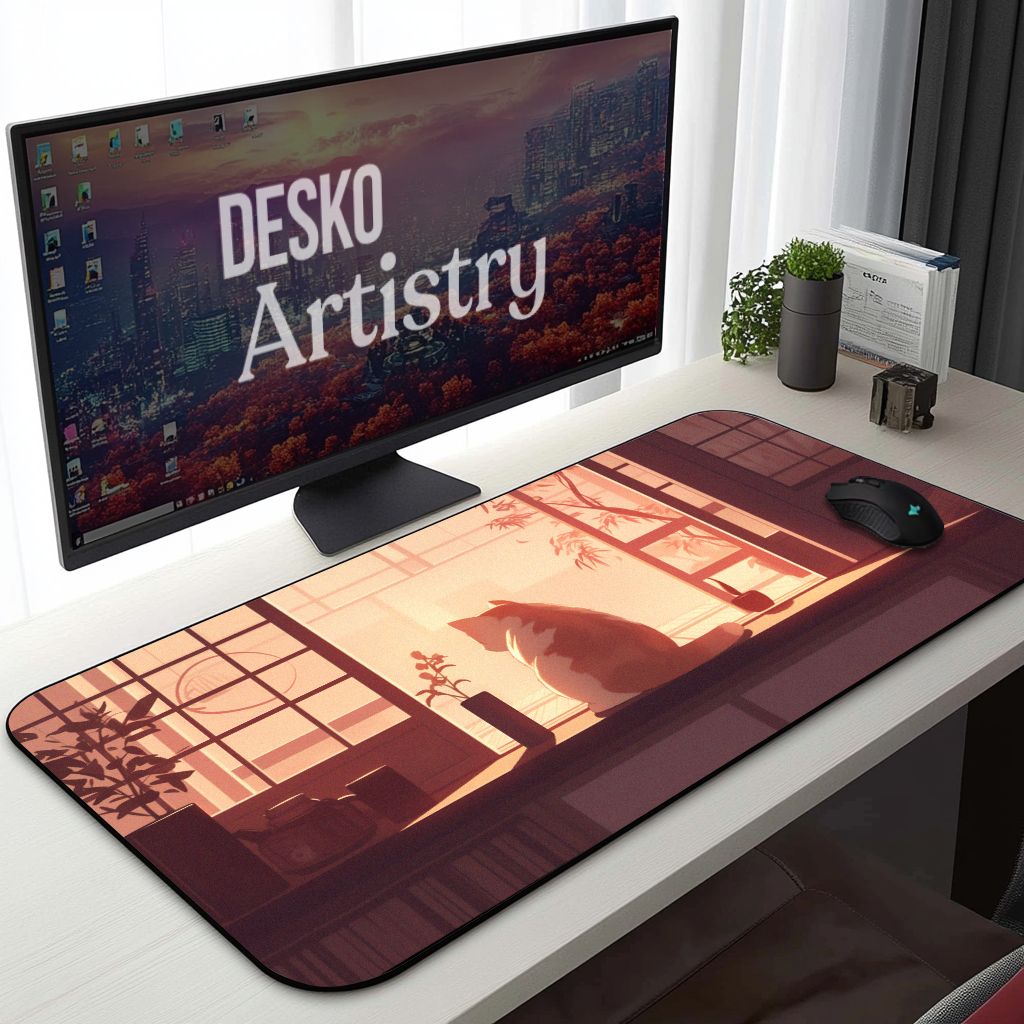 Zen Cat Sunset Desk Mat | Large Minimalist Mouse Pad for Peaceful Workspace | Japanese-Inspired Office Decor