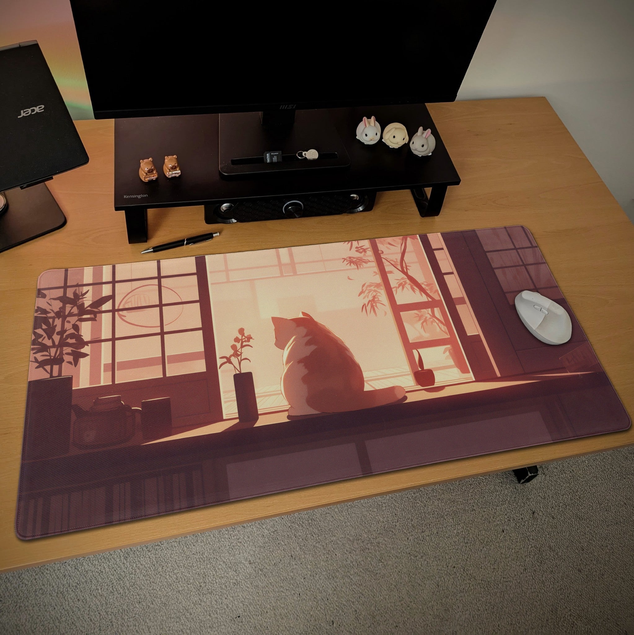 Zen Cat Sunset Desk Mat | Large Minimalist Mouse Pad for Peaceful Workspace | Japanese-Inspired Office Decor