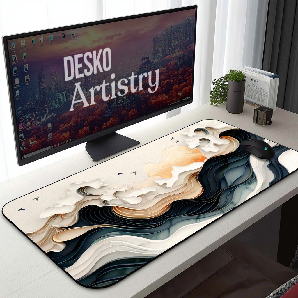 Ukiyo-e Style Desk Mat | Abstract Wave Mouse Pad, Inspired by Hokusai's The Great Wave