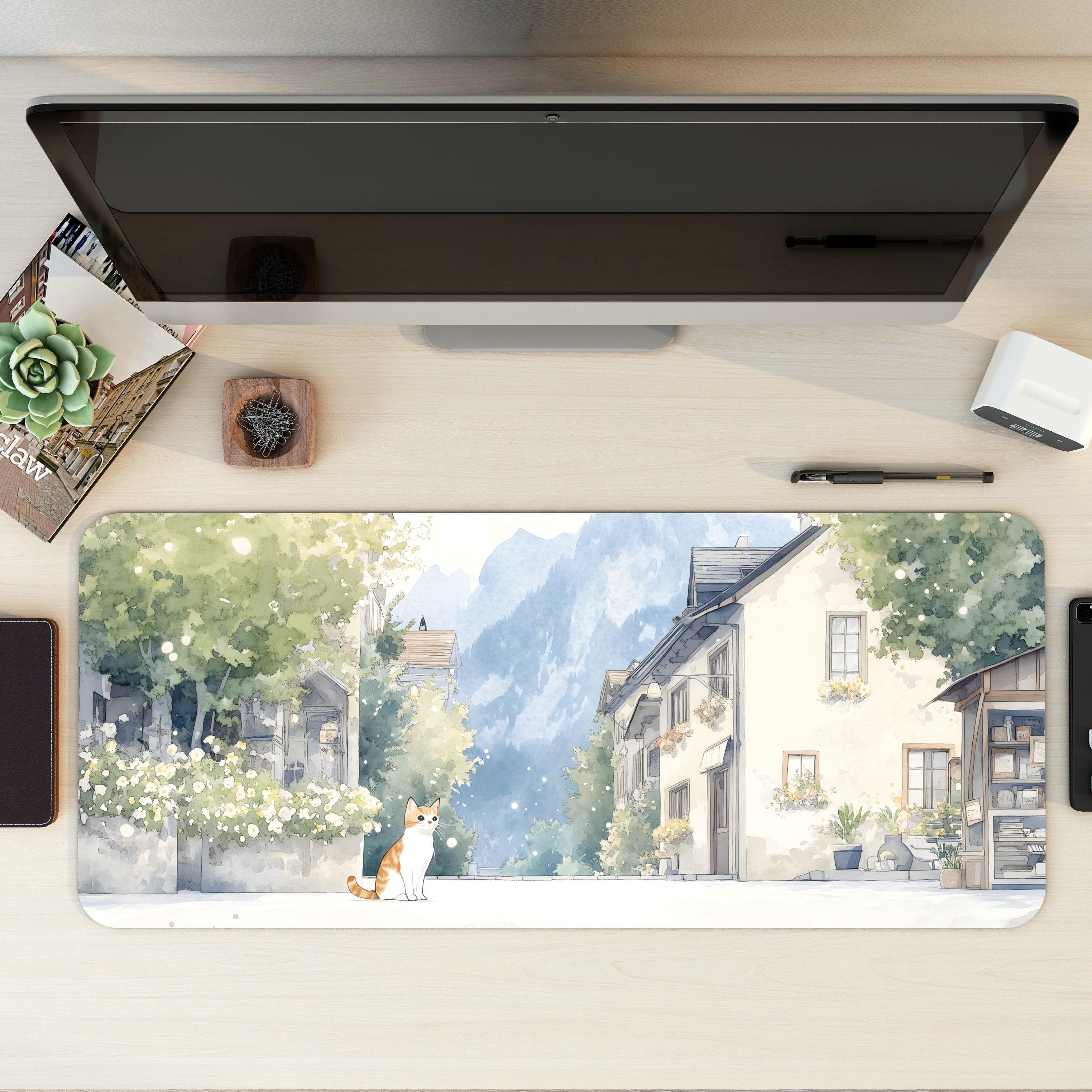 Watercolor Style European Desk Mat | Hallstatt Inspired Art with Calico Cat | Village Street Design Mouse Pad
