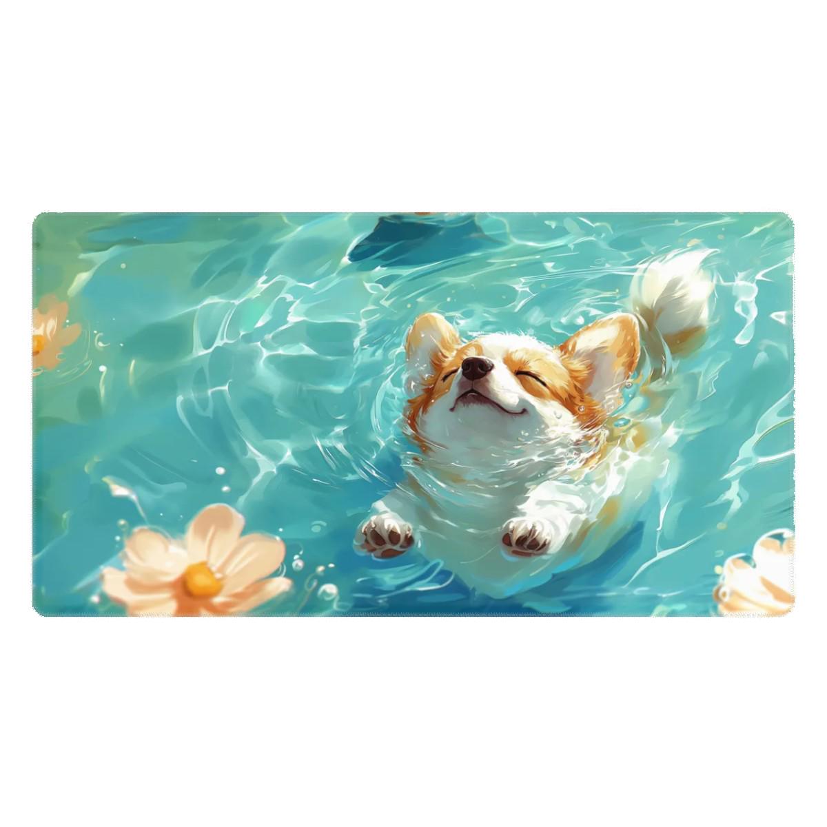 Happy Corgi Dog Desk Mat | Cute Aesthetic Mouse Pad, Watercolor Painting Style Desk Mat | Kawaii Dog Lover Desk Decor, Teal Color Mouse Pad