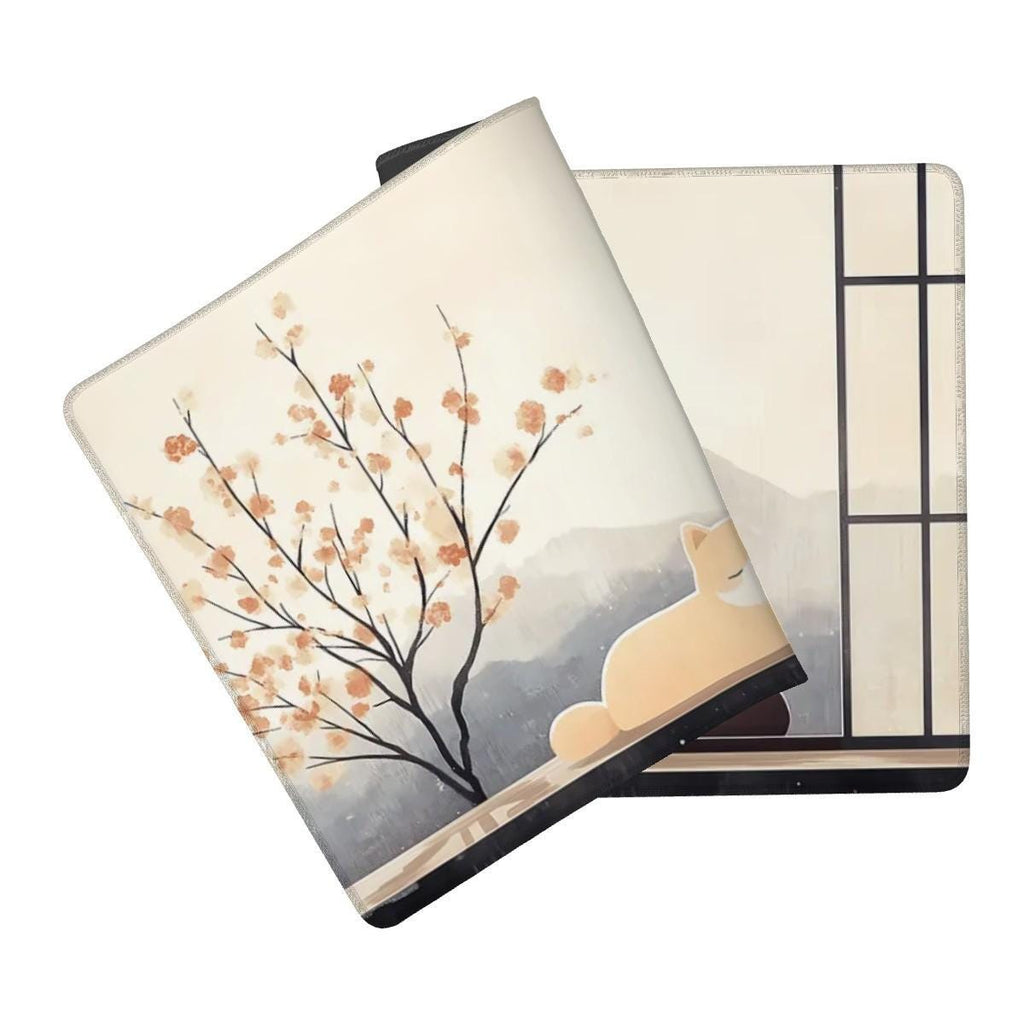 Japanese Zen Shiba Inu Desk Mat | Minimalist Ukiyo-e Mouse Pad | Calm Desk Decor for Dog Lovers, Blossom Tree, Mountain Chill Vibe