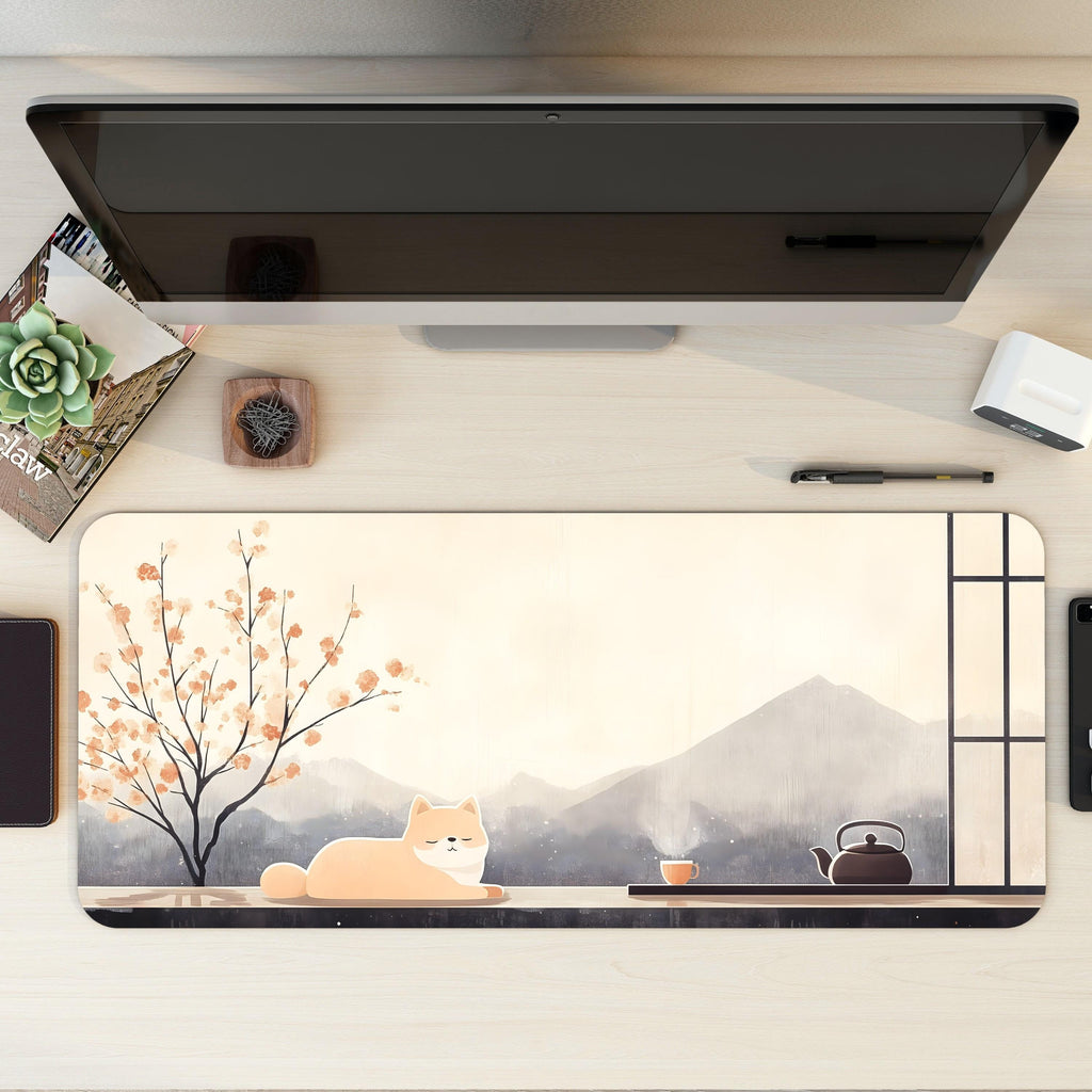Japanese Zen Shiba Inu Desk Mat | Minimalist Ukiyo-e Mouse Pad | Calm Desk Decor for Dog Lovers, Blossom Tree, Mountain Chill Vibe