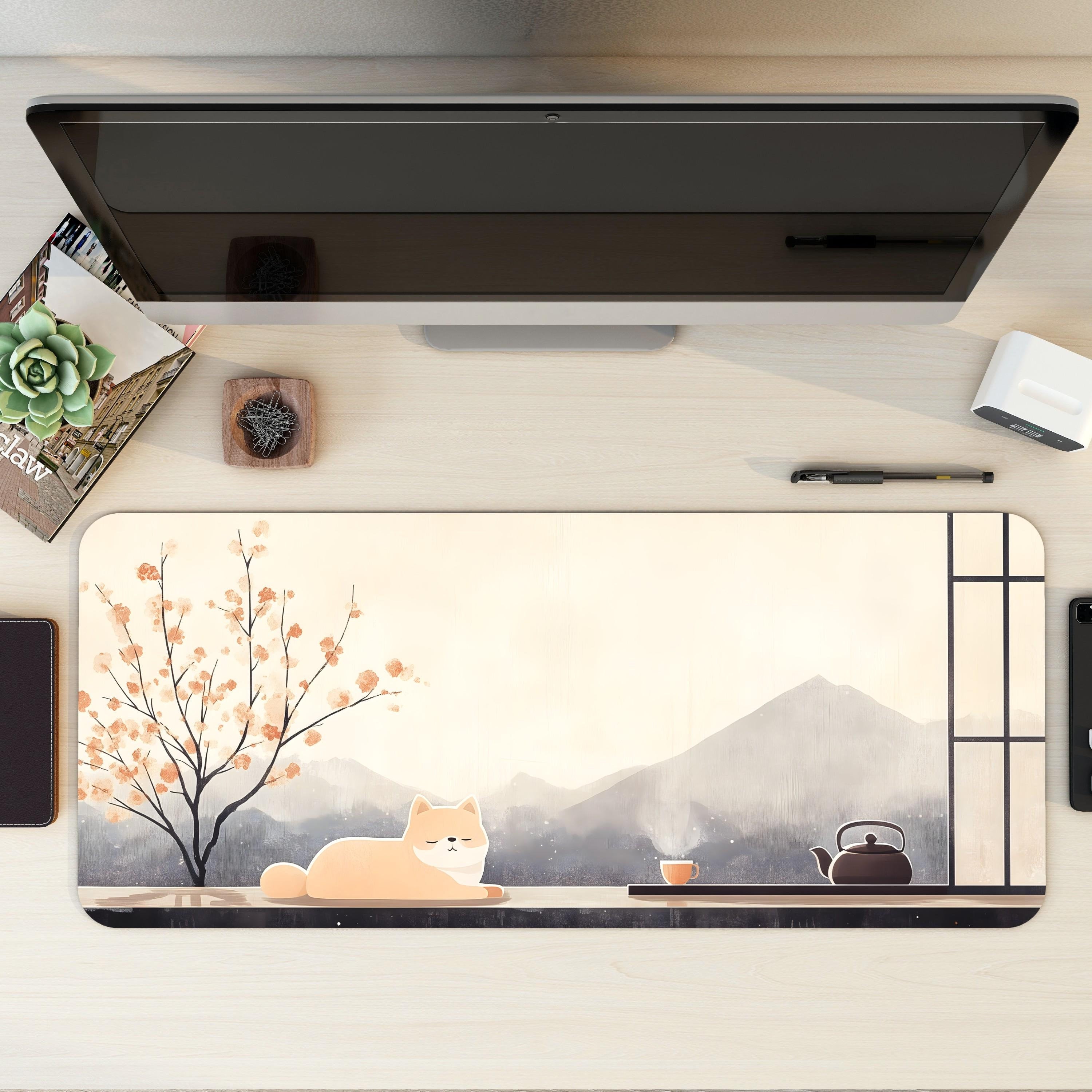 Japanese Zen Shiba Inu Desk Mat | Minimalist Ukiyo-e Mouse Pad | Calm Desk Decor for Dog Lovers, Blossom Tree, Mountain Chill Vibe