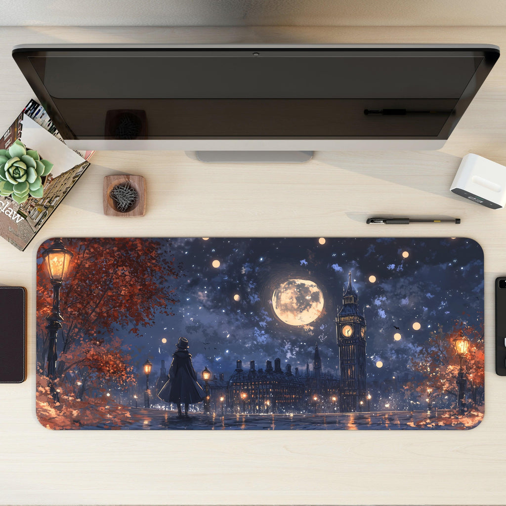 Fantasy Night London Desk Mat | Moonlight Clock Tower | Purple Artistic Cityscape Mouse Pad