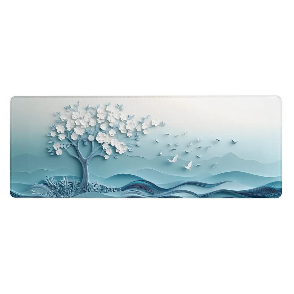 Serene White Cherry Blossom, Dove Desk Mat | Embossed Paper Art Mouse Pad