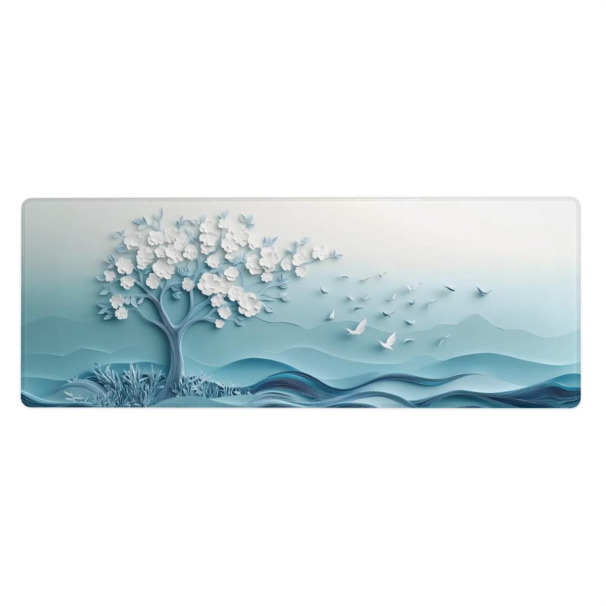 Serene White Cherry Blossom, Dove Desk Mat | Embossed Paper Art Mouse Pad