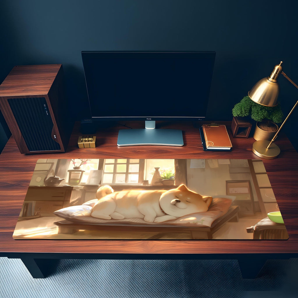 Cozy Shiba Inu Anime Desk Mat | Homey Lofi Japanese Mouse Pad | Warm Dog Lover's Desk Decor