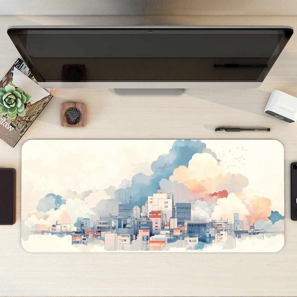 Cloudy Cityscape Desk Mat | Floating City Pastel Art | Minimalist Desk Decor