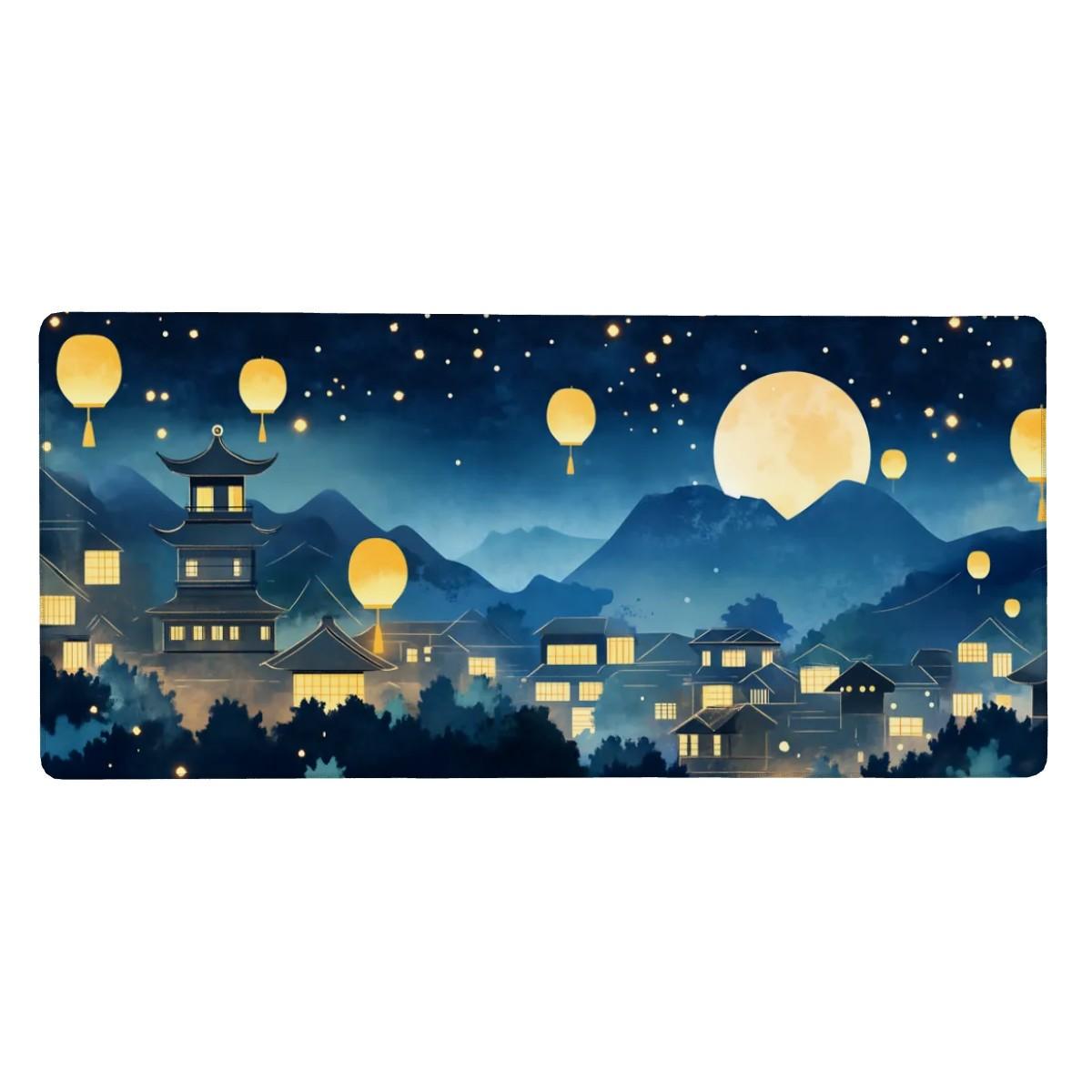 Moonlight Lantern Village Desk Mat | Dreamy Starry Night | Aesthetic Japanese Mousepad
