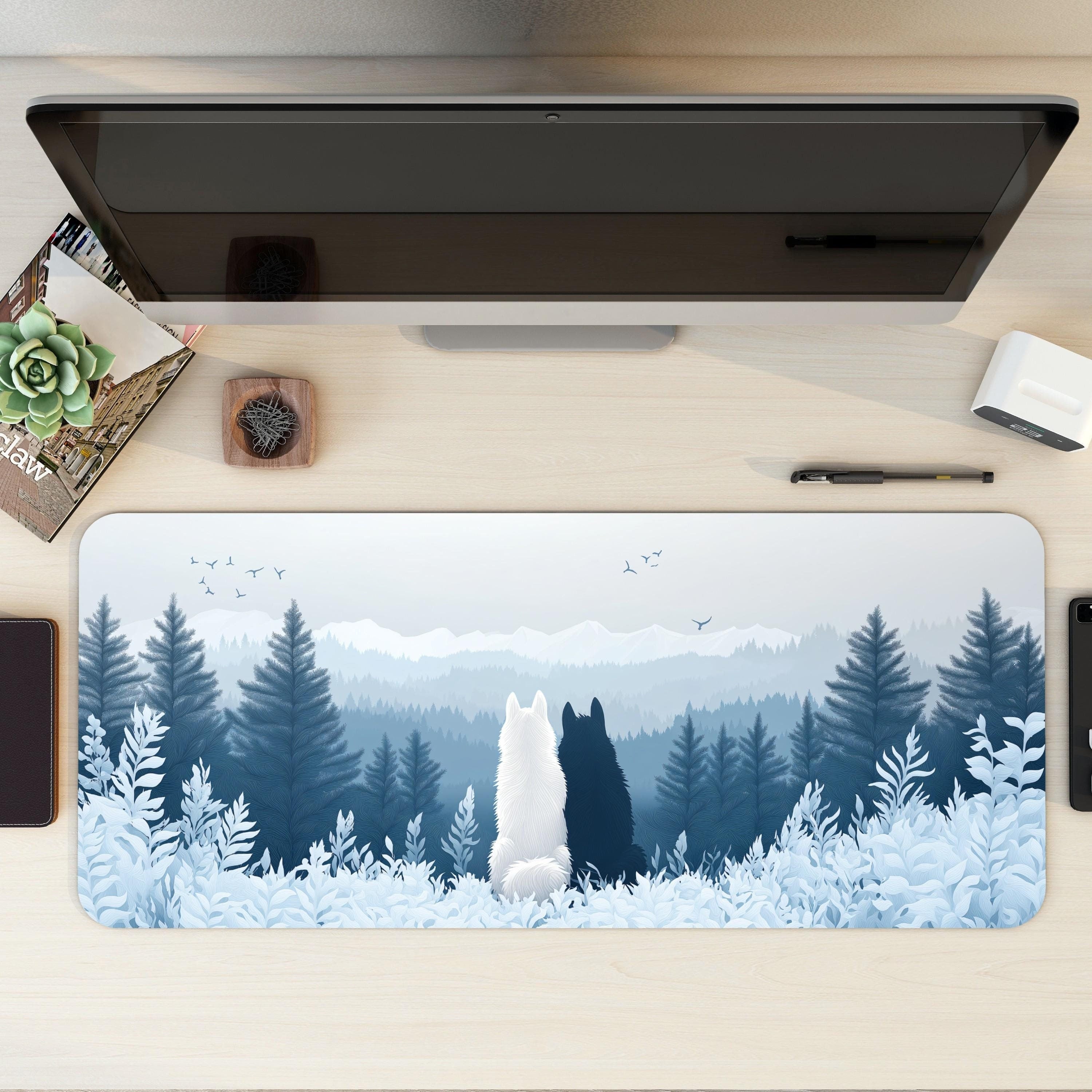 Mystical Forest Wolf Desk Mat | Blue and White Snow Mountain | Minimalist Nature Mouse Pad