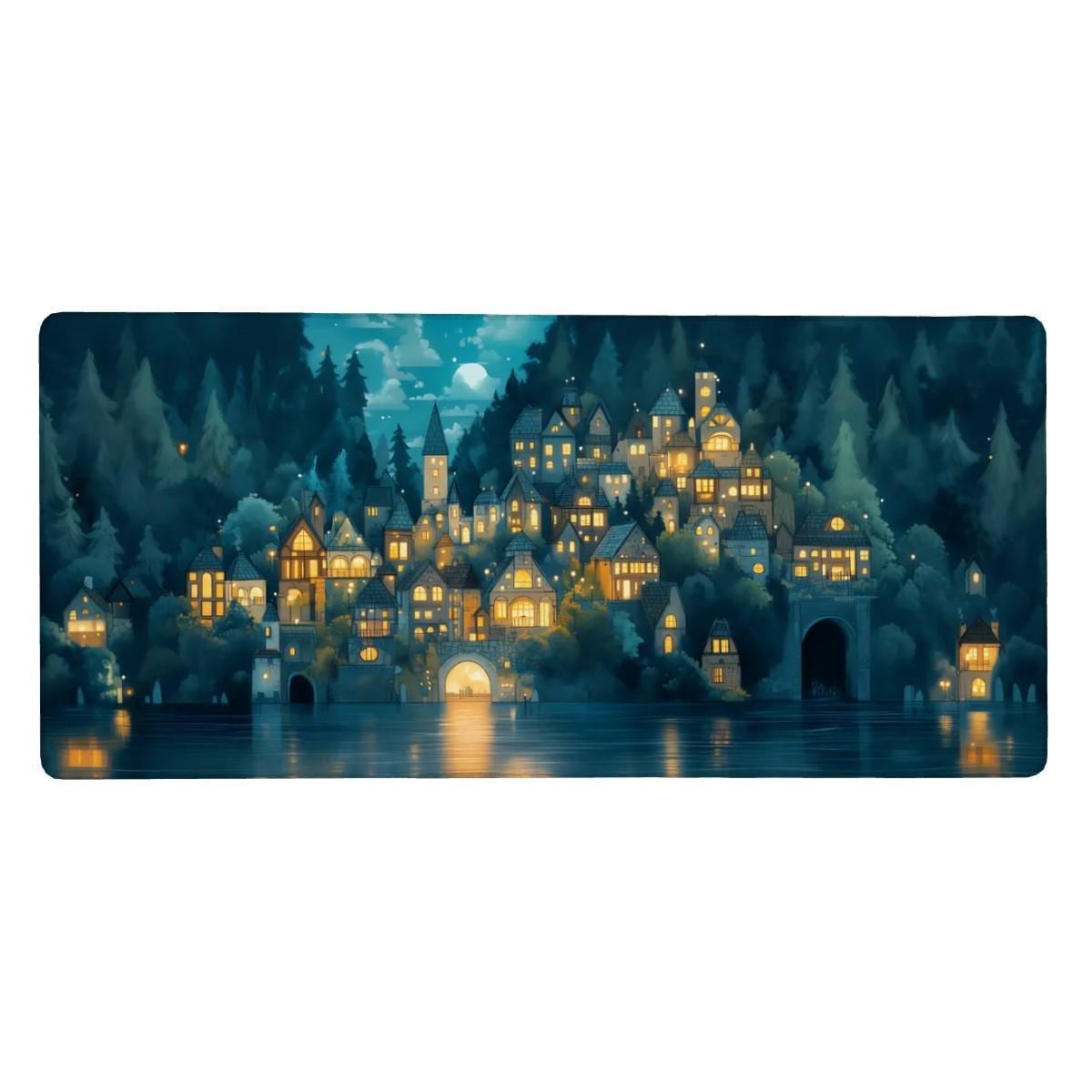 Enchanted Forest Village Desk Mat | Cozy Medieval Night | Blue Fantasy Moonlight Mouse Pad