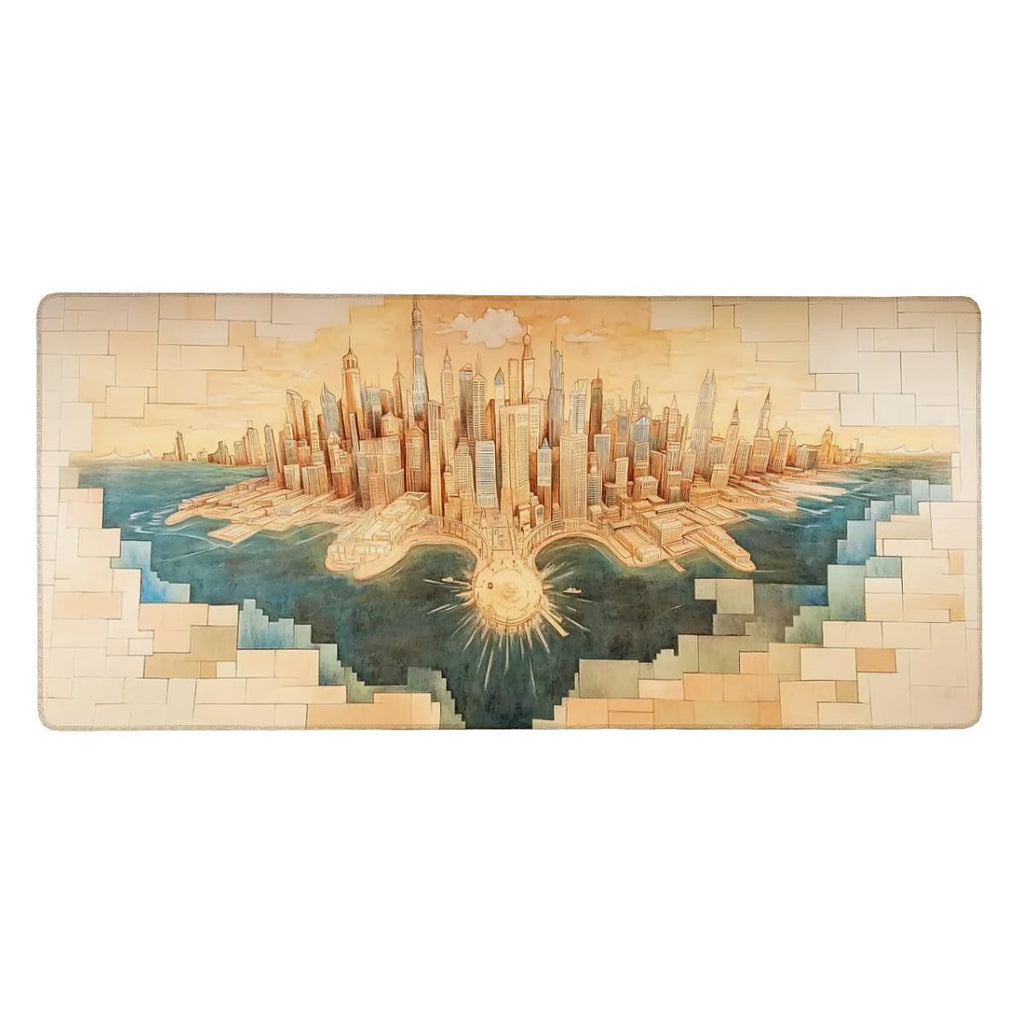 Retro Cityscape Skyline Desk Mat | Illustrative Urban Fantasy Mouse Pad