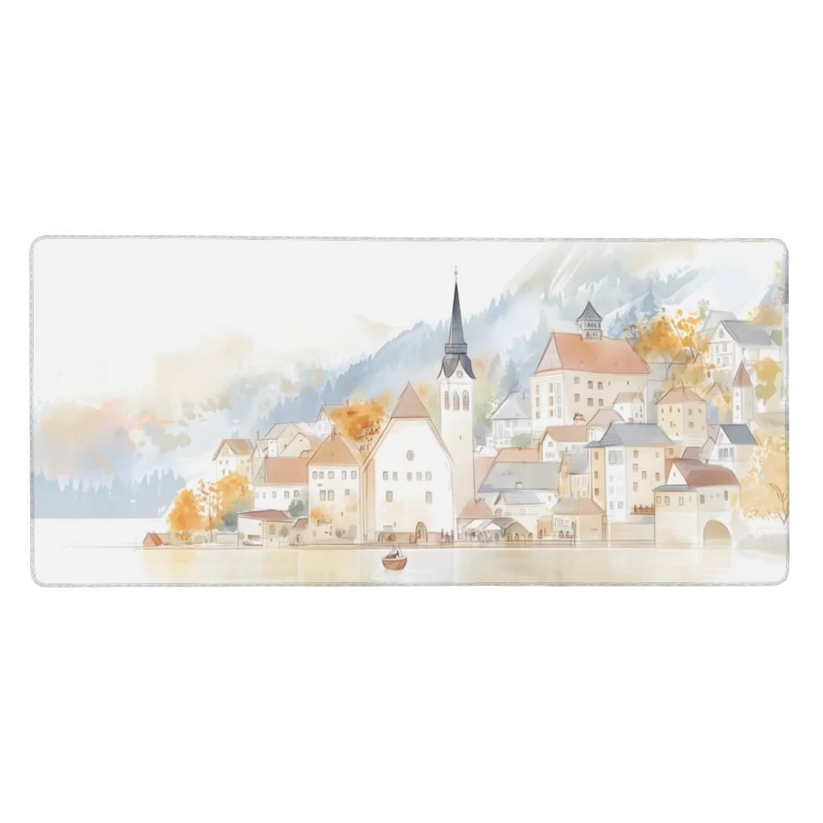 Hallstatt Lakeside Town Desk Mat | Watercolor Line Art | Artistic, Nostalgic European Landscape Mouse Pad