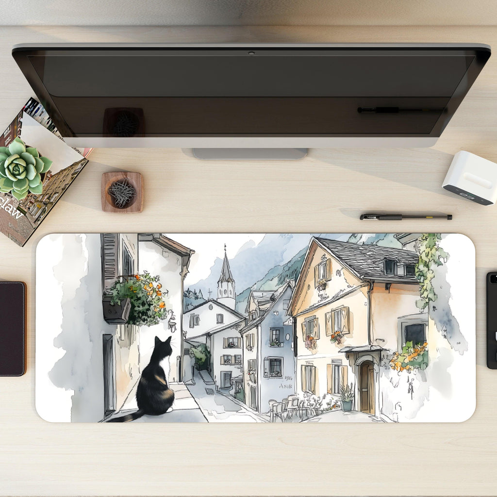 Sketchbook Hallstatt Cat Desk Mat | European Street Mouse Pad | Ink & Watercolor Art for Cat Lovers |