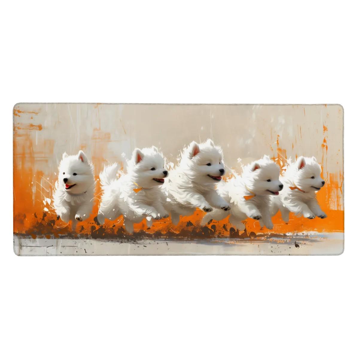 Puppies Painting Desk Mat | Samoyed Dogs - Colorful Orange Paintbrush Strokes, Creative Cute Mouse Pad