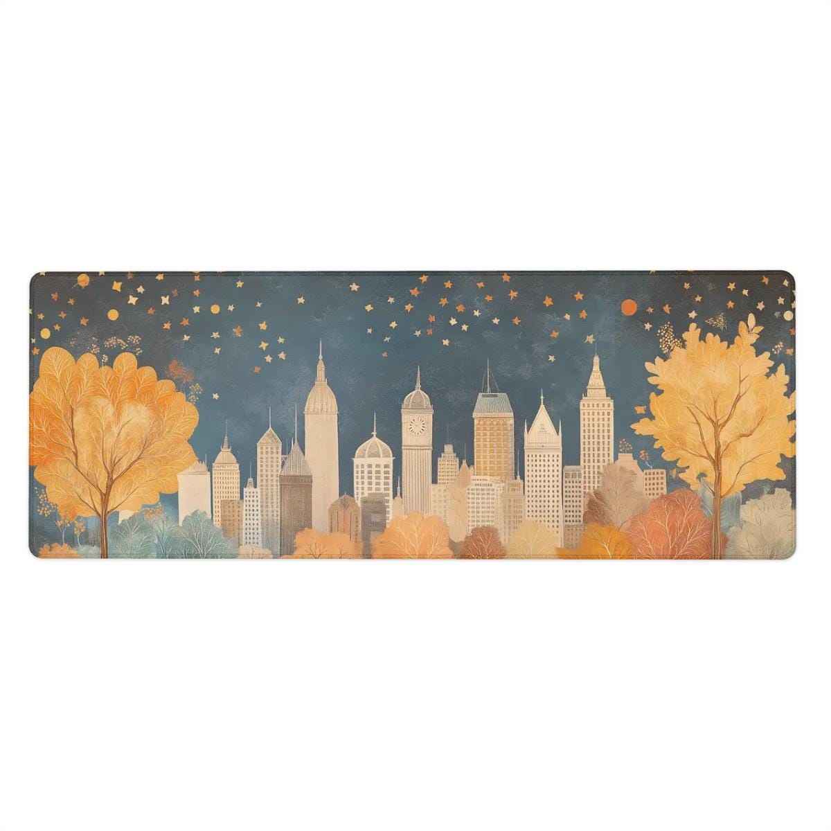 Starry Cityscape Illustration Desk Mat | Cozy Vintage Art, Children's Storybook Mouse Pad