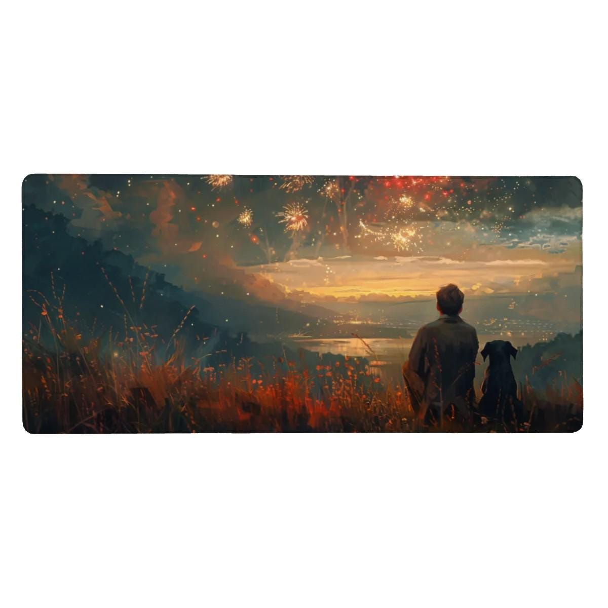 Scenic Sunset Desk Mat | Nostalgic Mountain | Cinematic Painting Desk Decor, Fireworks |