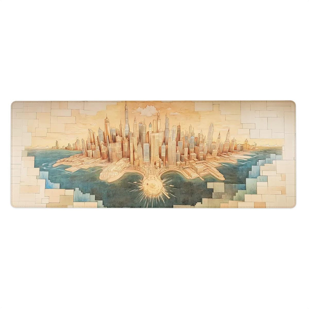 Retro Cityscape Skyline Desk Mat | Illustrative Urban Fantasy Mouse Pad