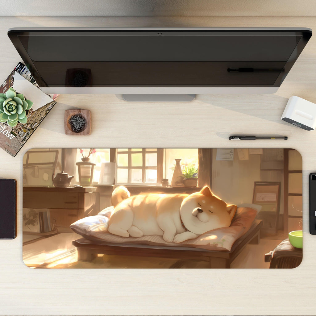 Cozy Shiba Inu Anime Desk Mat | Homey Lofi Japanese Mouse Pad | Warm Dog Lover's Desk Decor