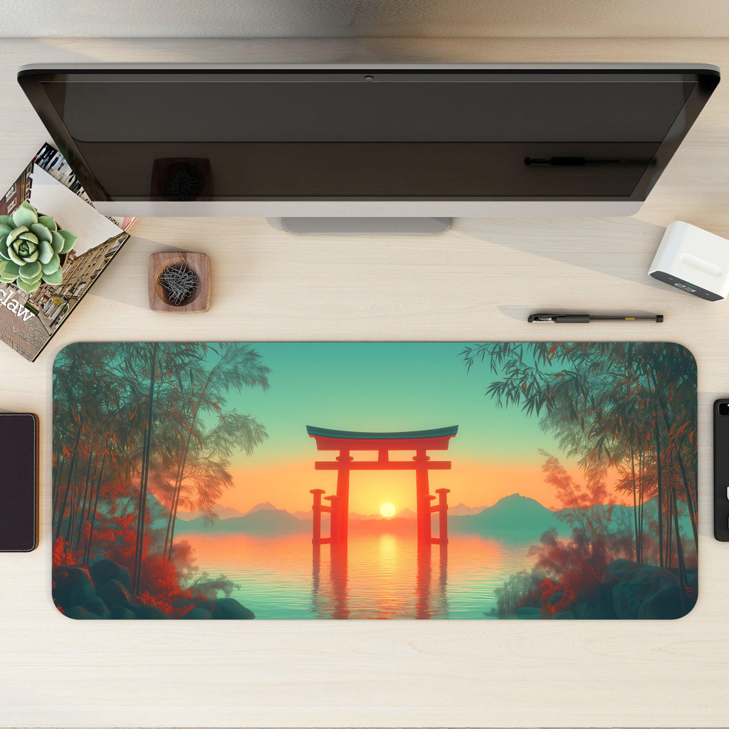 Japanese Anime Torii Gate Desk Mat | Serene Lake Sunset | Zen Bamboo Forest Mouse Pad