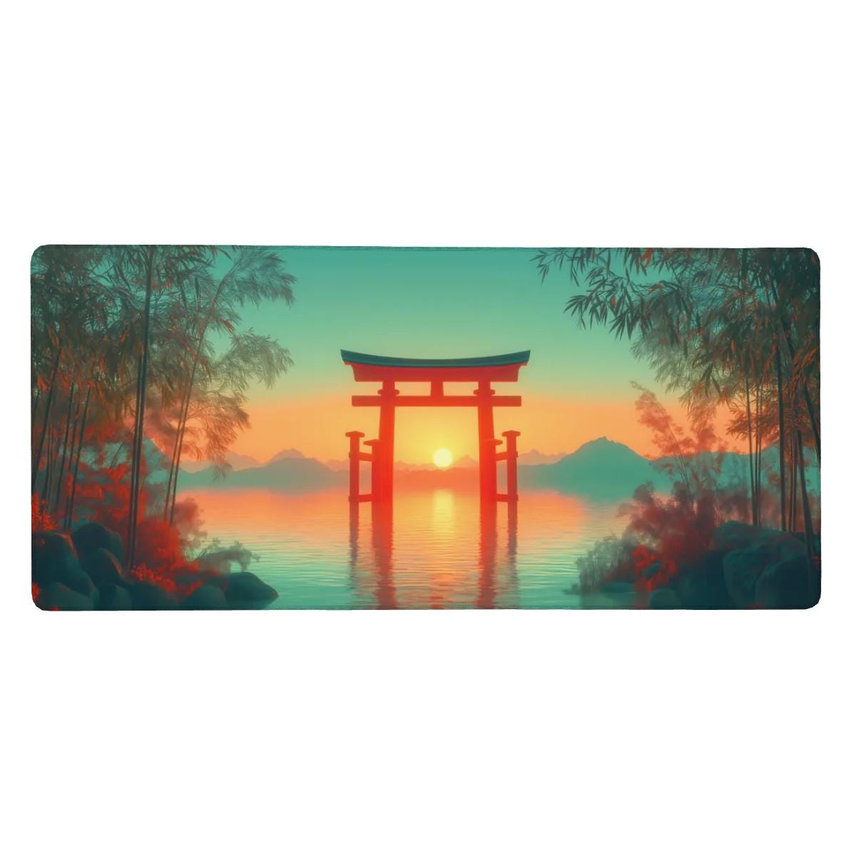 Japanese Anime Torii Gate Desk Mat | Serene Lake Sunset | Zen Bamboo Forest Mouse Pad