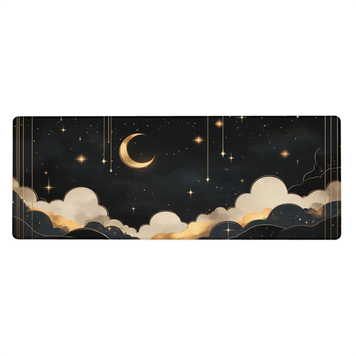 Dreamy Starry Night Desk Mat | Mystical Celestial Decor | Aesthetic Black and Gold Mouse Pad