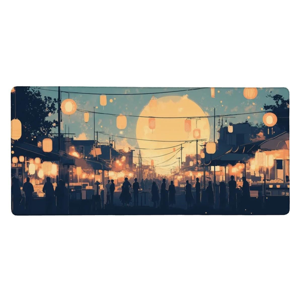 Japanese Festival Desk Mat | Full Moon & Lanterns | Cozy Blue and Gold Mouse Pad