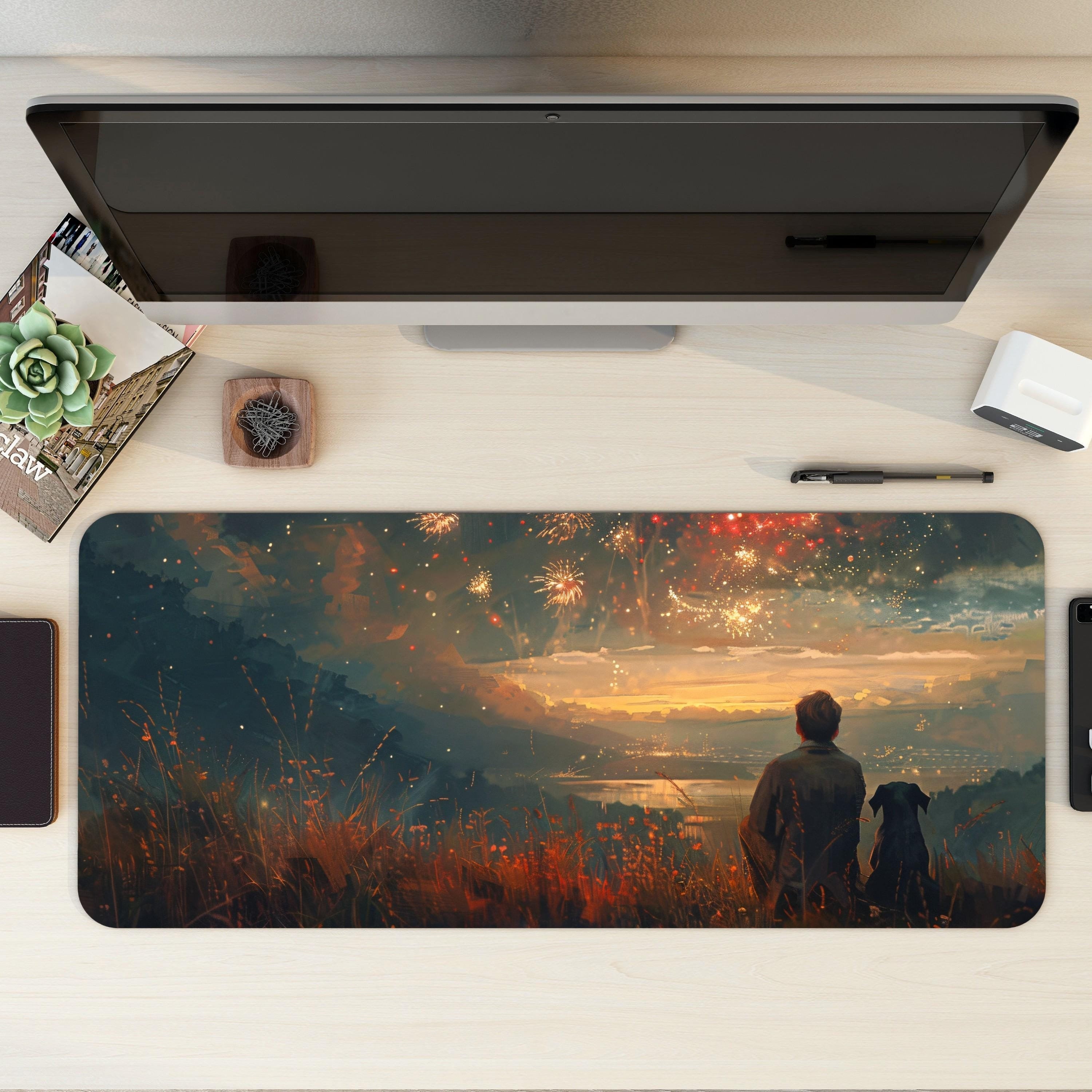 Scenic Sunset Desk Mat | Nostalgic Mountain | Cinematic Painting Desk Decor, Fireworks |