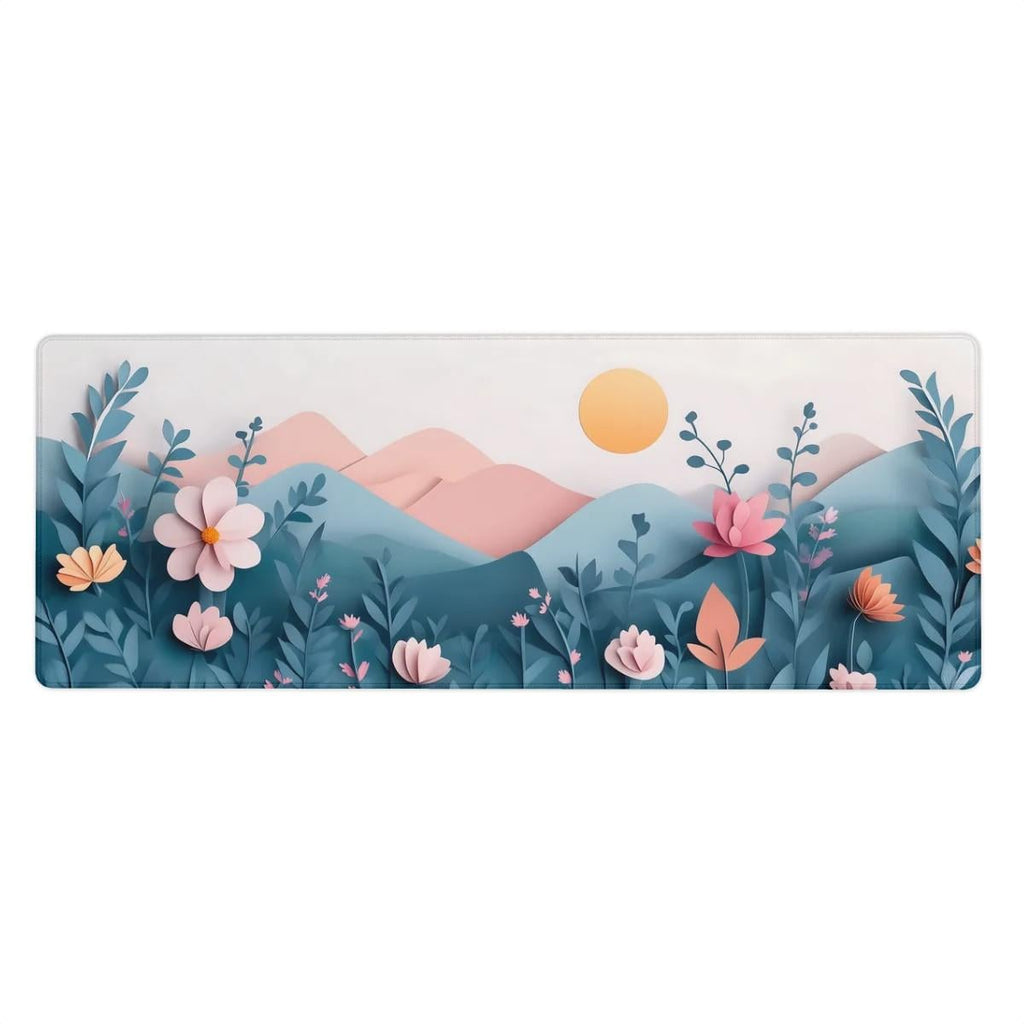 Paper Art Floral Desk Mat | Pastel Garden Mouse Pad - Aesthetic Pink, Green Mountain Landscape