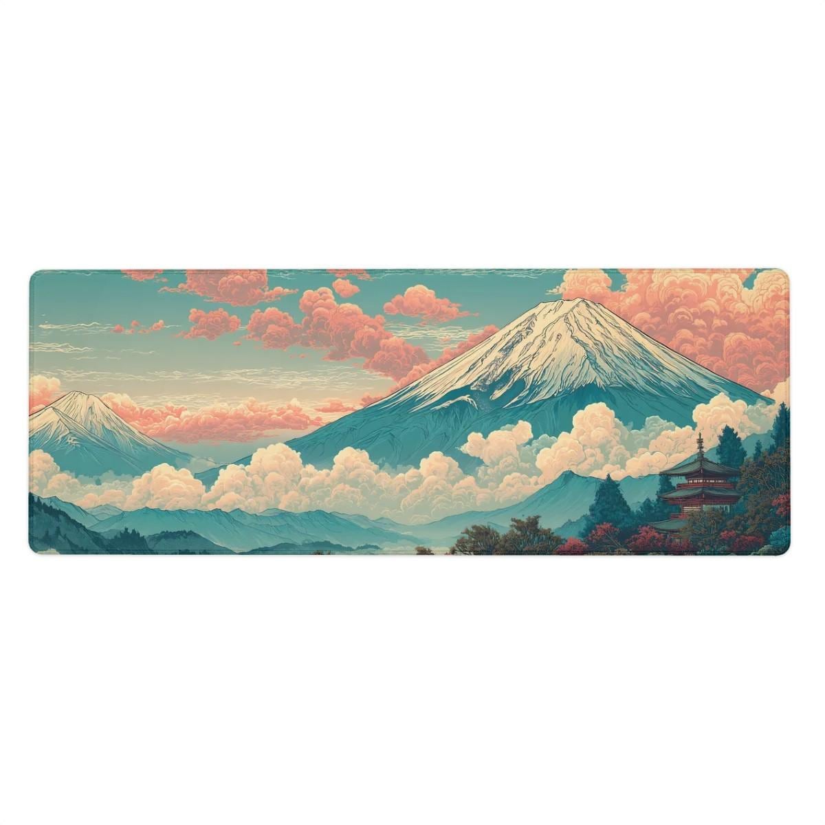 Mount Fuji Desk Mat | Japanese Landscape - Vintage Teal Coral Gaming Desk Pad