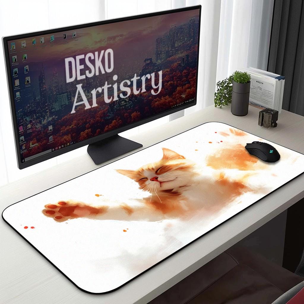 Cute Orange Cat Desk Mat | Watercolor Ginger Kitten Mouse Pad - Kawaii Pet Desk Decor