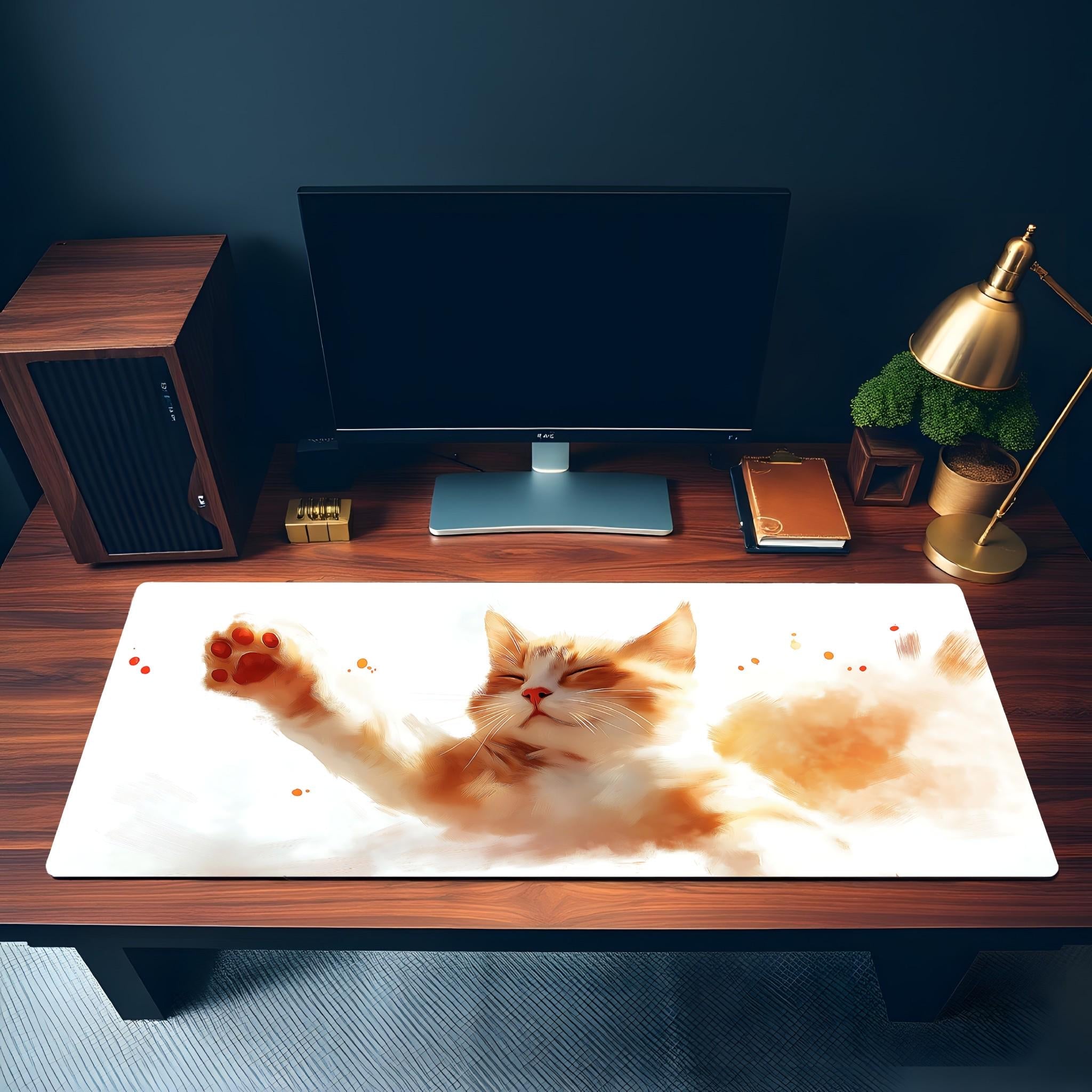 Cute Orange Cat Desk Mat | Watercolor Ginger Kitten Mouse Pad - Kawaii Pet Desk Decor