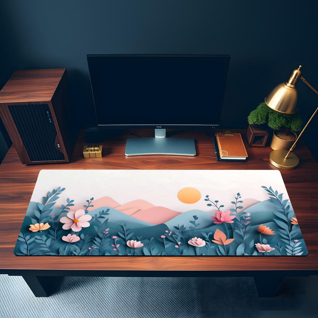 Paper Art Floral Desk Mat | Pastel Garden Mouse Pad - Aesthetic Pink, Green Mountain Landscape