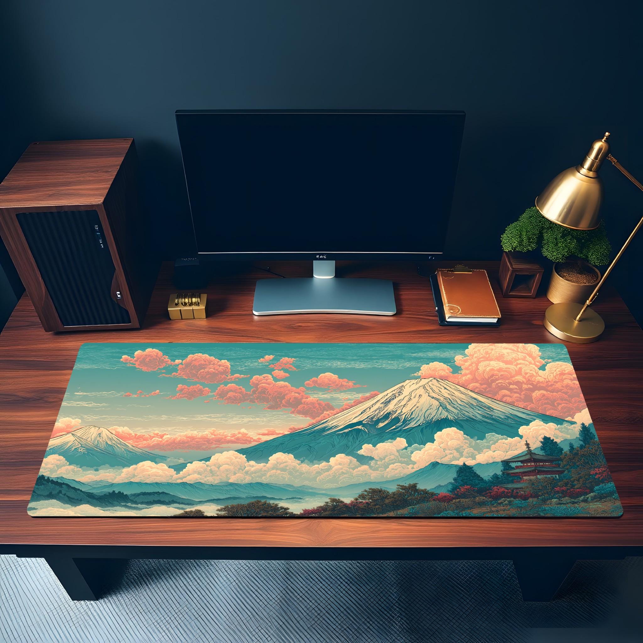 Mount Fuji Desk Mat | Japanese Landscape - Vintage Teal Coral Gaming Desk Pad
