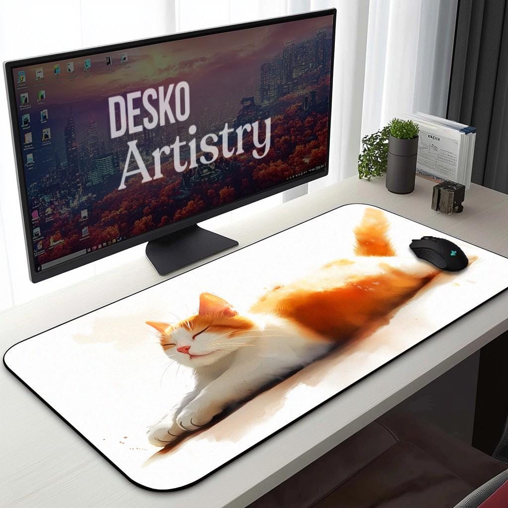 Peaceful Ginger Cat Desk Mat | Watercolor Ginger Kitten Mouse Pad, Cute Pet Office Decor