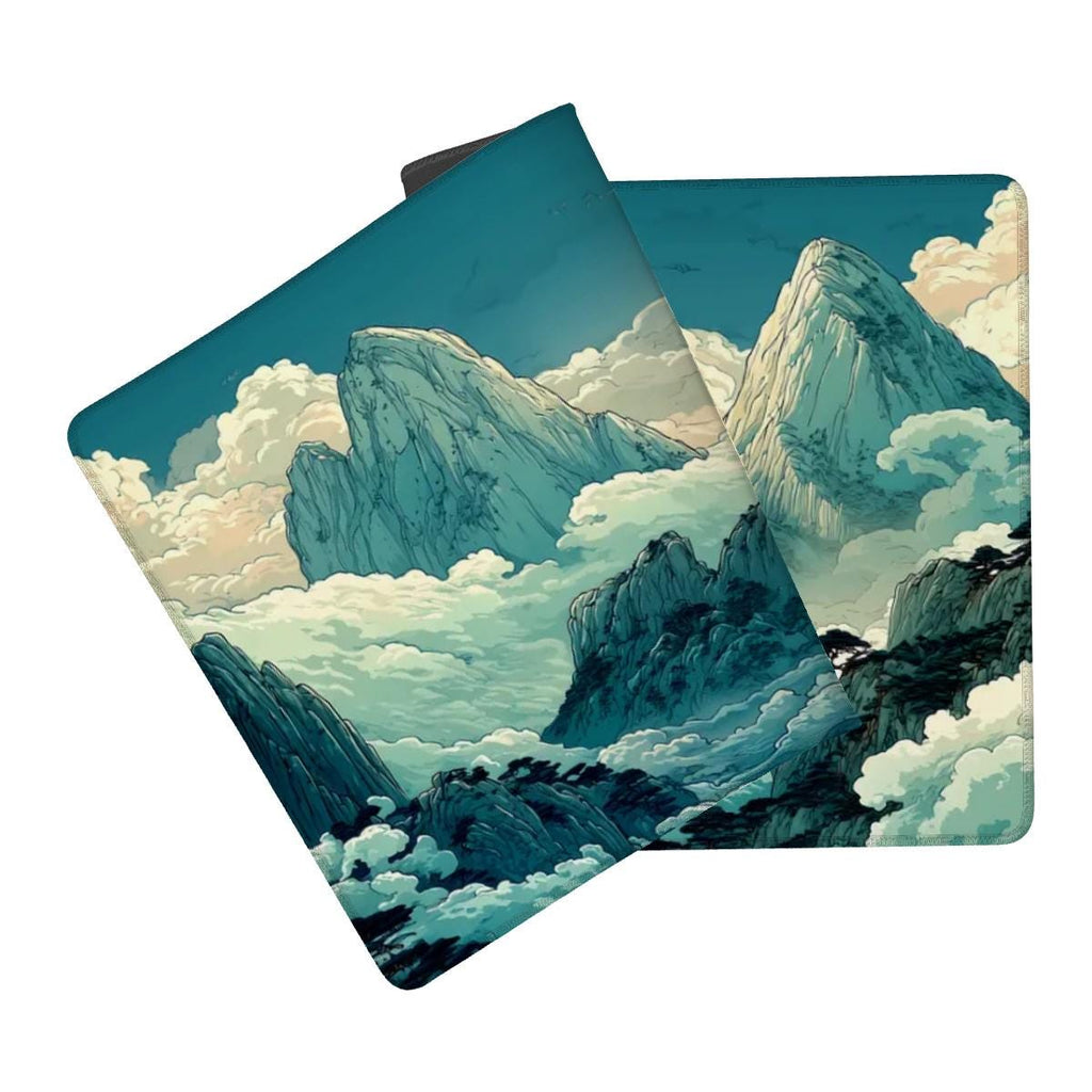 Anime Cloud Mountain Desk Mat - Teal Blue Sky, Dreamy Landscape Desk Pad