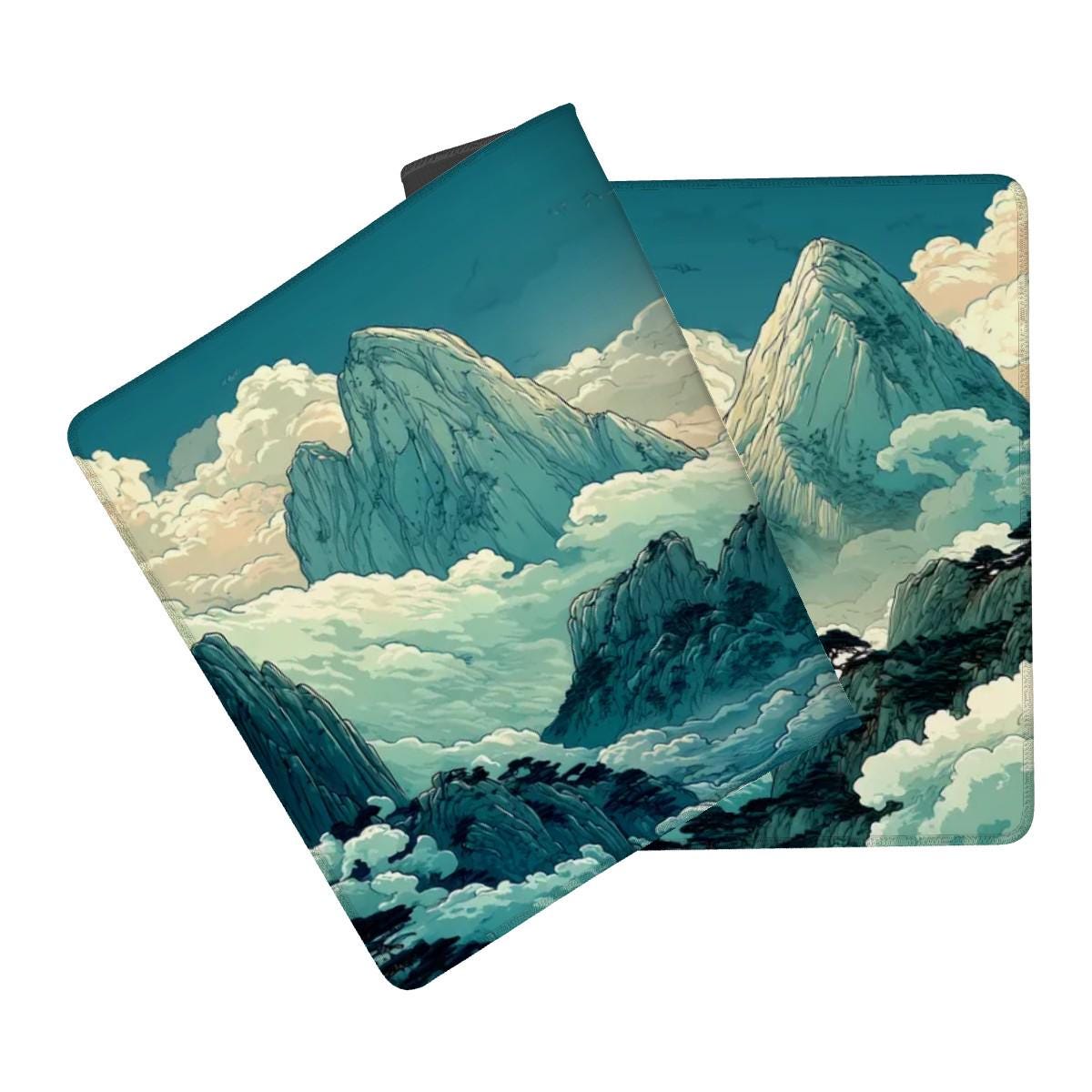 Anime Cloud Mountain Desk Mat - Teal Blue Sky, Dreamy Landscape Desk Pad