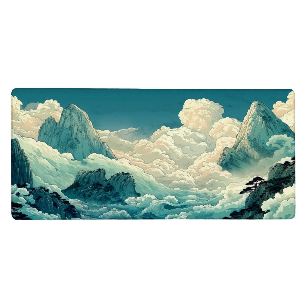 Anime Cloud Mountain Desk Mat - Teal Blue Sky, Dreamy Landscape Desk Pad