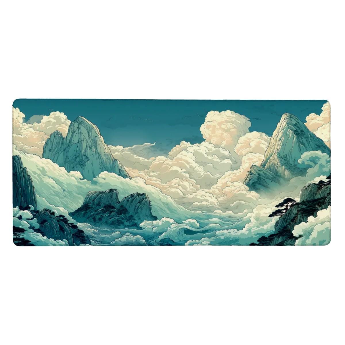 Anime Cloud Mountain Desk Mat - Teal Blue Sky, Dreamy Landscape Desk Pad