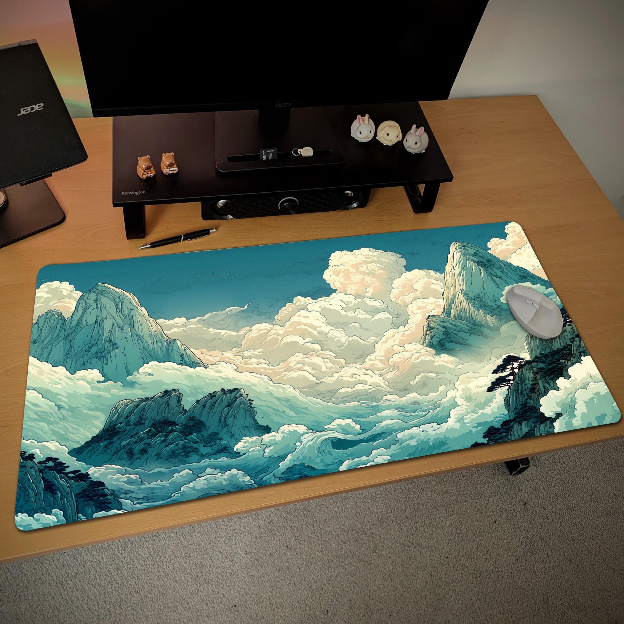 Anime Cloud Mountain Desk Mat - Teal Blue Sky, Dreamy Landscape Desk Pad