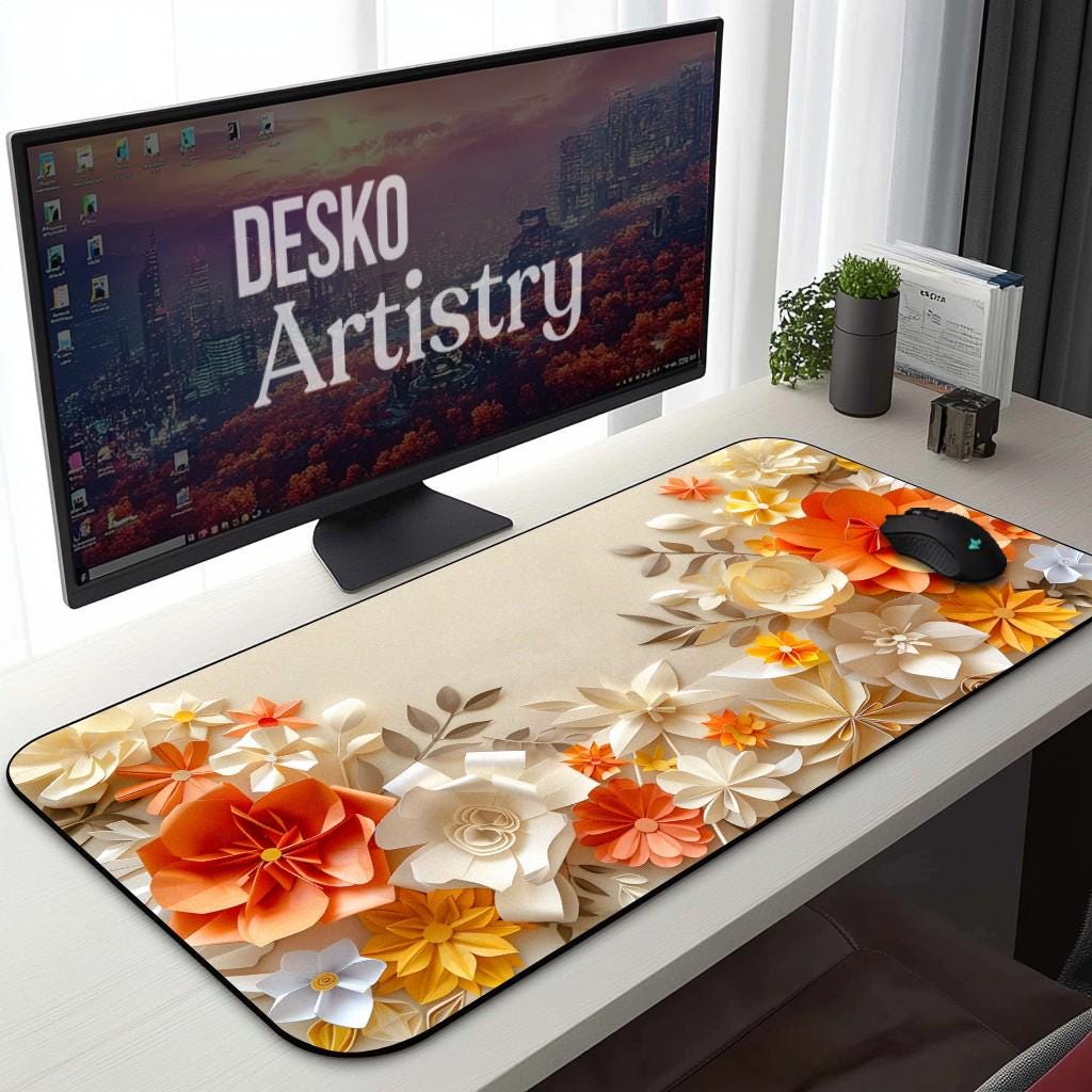 Floral Paper Art Desk Mat | Beige Orange Flower Mouse Pad