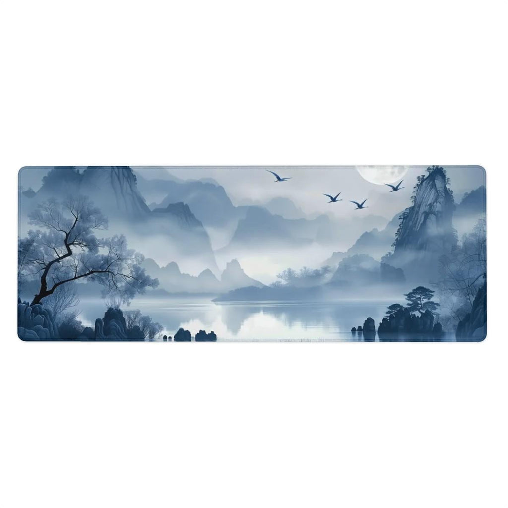 Blue Lake Mountain Desk Mat | Blue Moonlight with Misty Zen Landscape Desk Pad