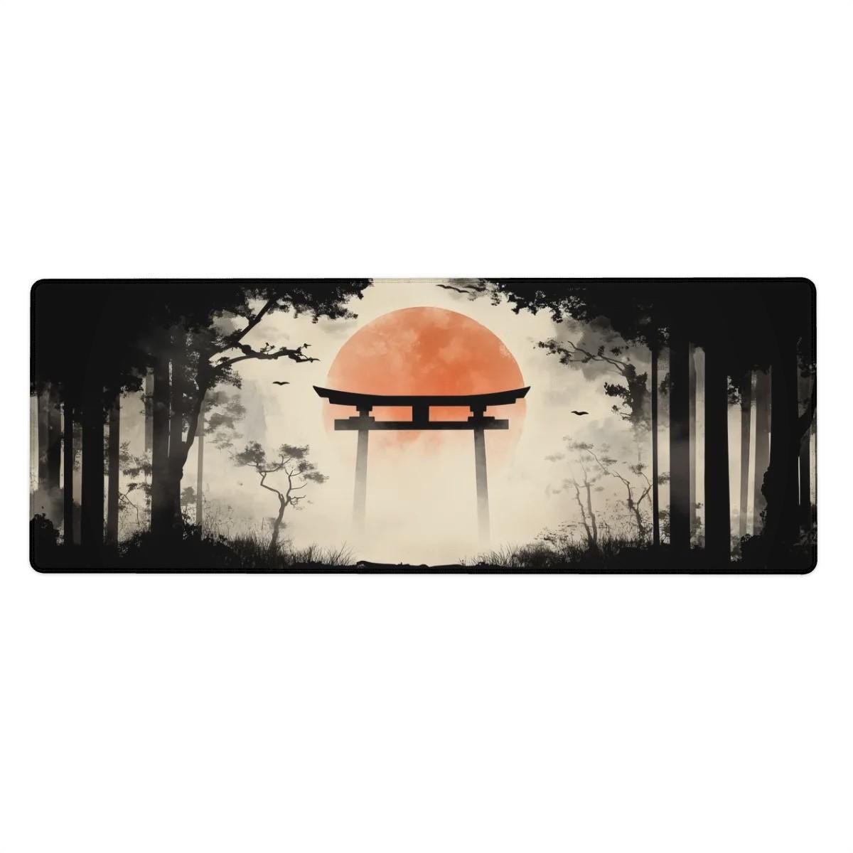 Japanese Forest Painting Desk Mat | Red Sun, Torii Gate Mouse Pad