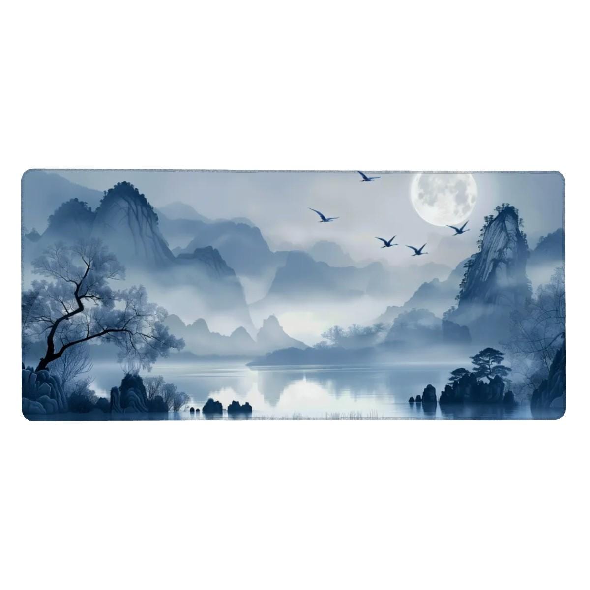 Blue Lake Mountain Desk Mat | Blue Moonlight with Misty Zen Landscape Desk Pad