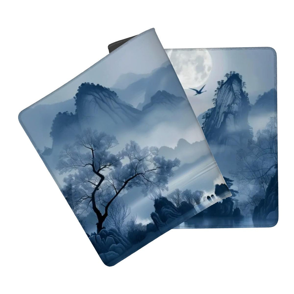 Blue Lake Mountain Desk Mat | Blue Moonlight with Misty Zen Landscape Desk Pad