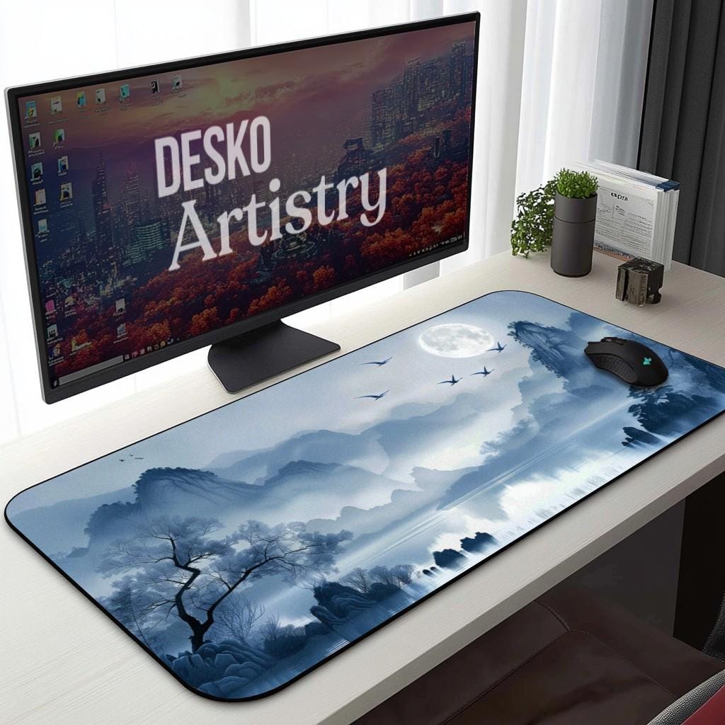 Blue Lake Mountain Desk Mat | Blue Moonlight with Misty Zen Landscape Desk Pad