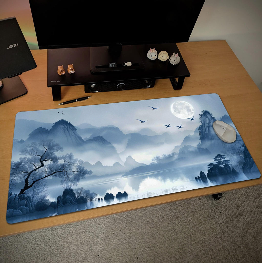Blue Lake Mountain Desk Mat | Blue Moonlight with Misty Zen Landscape Desk Pad