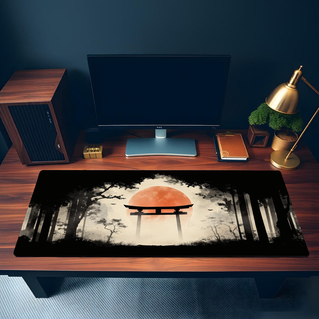Japanese Forest Painting Desk Mat | Red Sun, Torii Gate Mouse Pad